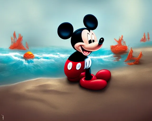 Image similar to Mickey mouse sitting next to terrifying sea creatures on a creepy beach, digital art, by Taeyoung Choi, super detailed, artstation