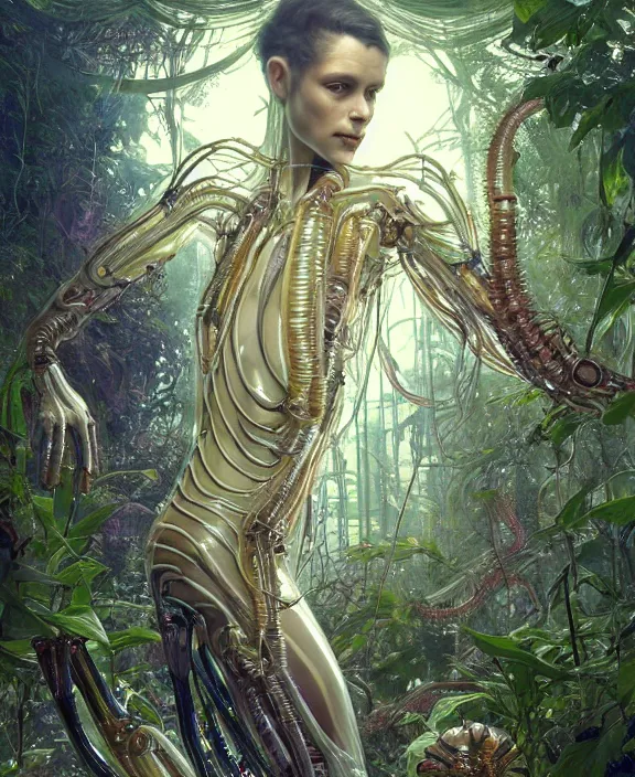 Prompt: opulent transparent clear see - through portrait of a terrifying beautiful male alien centipede computer cyborg, mottled coloring, adorable, childlike, overgrown biopunk jungle environment, ultra realistic, concept art, art nouveau, photorealistic, octane render, 8 k, unreal engine. art by christopher marley and artgerm and greg rutkowski and alphonse mucha