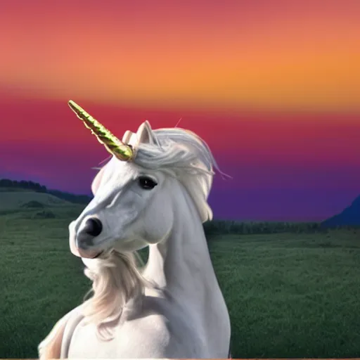 Image similar to unicorn with the head of joe biden in the sunset, detailed, photoshop