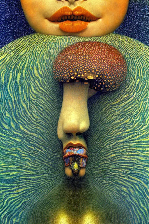 Prompt: art deco close up portait of mushroom head with big mouth surrounded by spheres, rain like a dream digital render curvalinear clothing dramatic fluid lines otherworldly vaporwave interesting details epic composition by artgerm moebius francis bacon gustav klimt