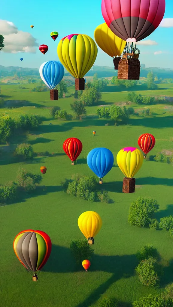 Prompt: large colorful balloons with people on rope swings underneath, flying high over the beautiful countryside landscape, professional painting, realistic, detailed, digital art, unreal engine