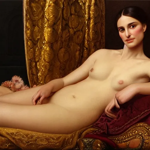 Image similar to beautiful_golden_portrait_of_a_Natalie_Portman_a s_Grand Odalisque_intricate_oil_paintingby Jo hn_William_Godward_by_Anna_Dittman_by J-H 768-C9.0