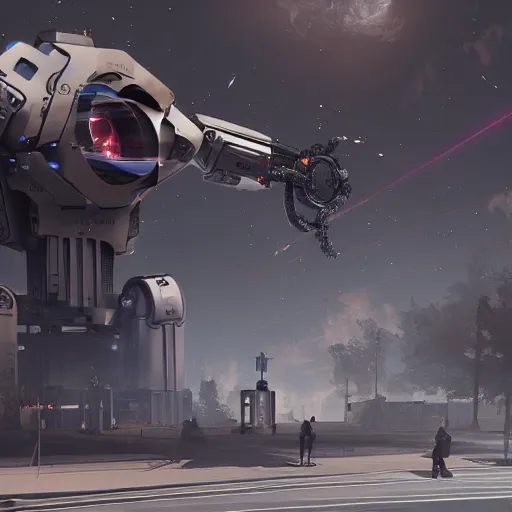 Prompt: Robot titan from 80th's shoots lasers from eyes at humans in town, unreal engine 5, 8k resolution, concept art, ps5, highly detailed, hyperrealistic