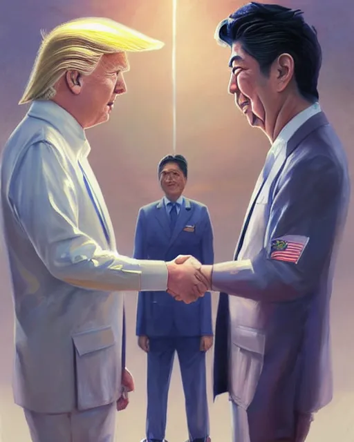 Image similar to donald trump and shinzo abe facing each other off dressed in spaceship pilot dresses shaking hands, portrait, illustration, rim light, top light, perfectly shaded, spring time, slight overcast lighting, soft painting, art by krenz cushart and wenjun lin