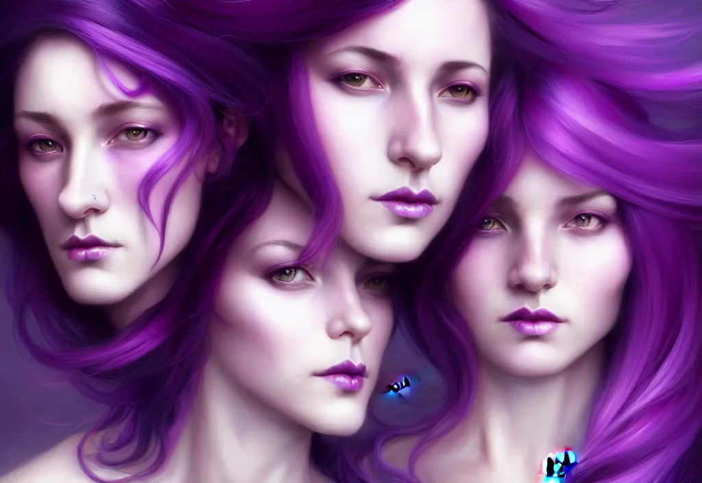 Image similar to Purple hair relistic Portrait of a two woman with bright colored flying hair, all shades of purple. Beauty face, Hair coloring, fantasy, intricate, elegant, highly detailed, digital painting, artstation, concept art, smooth, sharp focus, illustration, art by artgerm and greg rutkowski and alphonse mucha