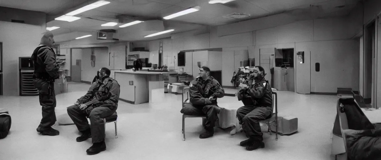 Image similar to filmic wide shot movie still 4 k hd interior 3 5 mm film color only photograph of two armed guards sitting down and talking in a break room in a military base, in the style of the horror film the thing 1 9 8 2