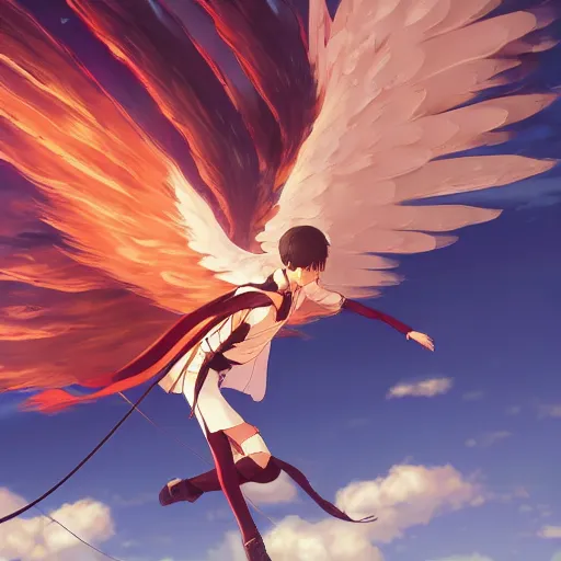 Prompt: Flight of the Icarus of the Flaming Wing, Anine style detailed, 4k hd, artstation, digital illustration by Makoto shinkai and Studio Ghibli, Kyoto Animation, featured on pixiv