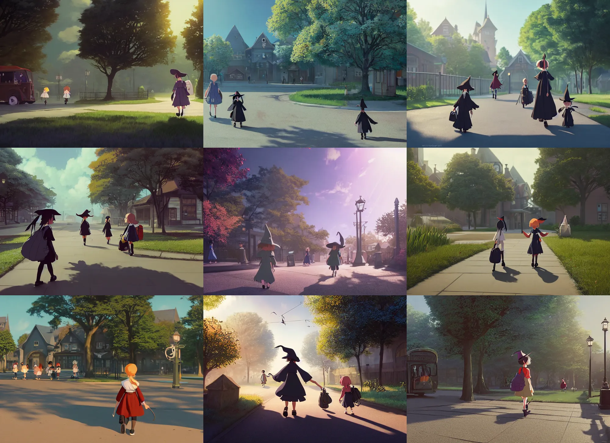 Prompt: a little witch getting off the bus in front of her school and heading towards her witch school, several people walking, very busy place, medium shot, studio ghibli, pixar and disney animation, sharp, rendered in unreal engine 5, anime key art by greg rutkowski, bloom, dramatic lighting