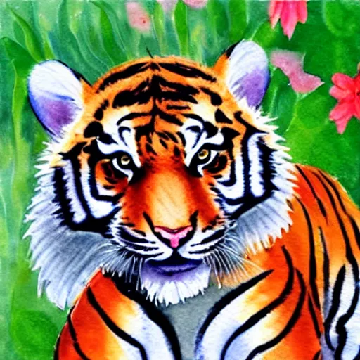 Image similar to watercolor drawing of a curious young tiger smelling a flower, big eyes, cute, watercolor, wide angle shot, low angle shot, full shot, white background, very detailed, high quality