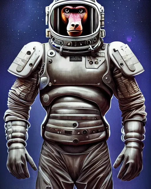 Image similar to a portrait of a muscular anthropomorphic cyberpunk baboon in spacesuit armor with ensignia on chest plate by sandra chevrier, by jon foster, detailed render, pistol in holster, extremely hyperdetailed, tape deck, epic composition, cybernetics, 4 k realistic, cryengine, realistic shaded lighting, sharp focus, masterpiece, by enki bilal