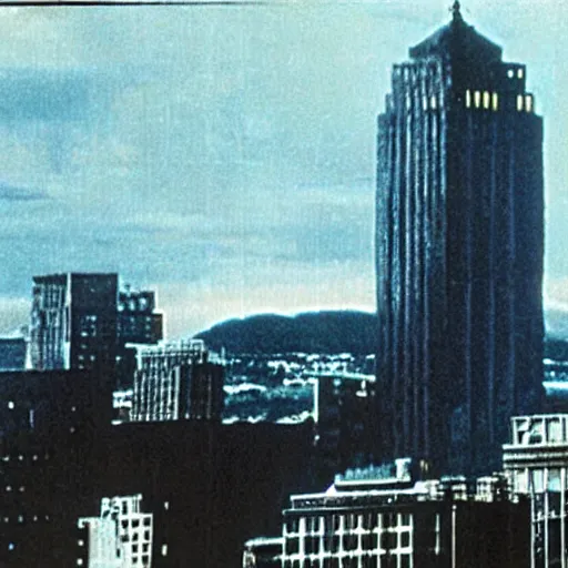 Prompt: albany skyline, godzilla attacking the corning tower, old movie