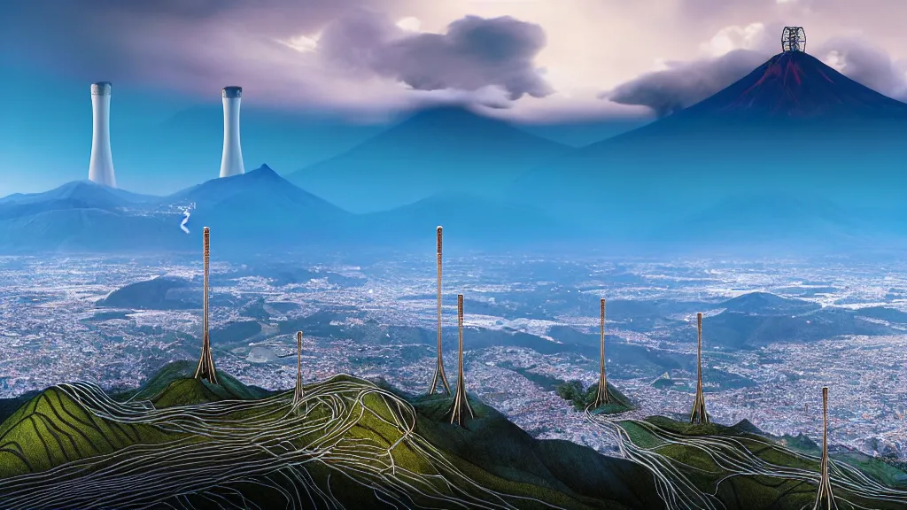 Image similar to Epic Nuclear power towers gracefully over the mountain valley of Quito, Ecuador; by Oswaldo Moncayo and Vincent Callebaut; line work and detailing by Simon Stålenhag, oil on canvas; Art Direction by James Cameron; Location: Quito Ecuador 4K, 8K; Ultra-Realistic Depth Shading