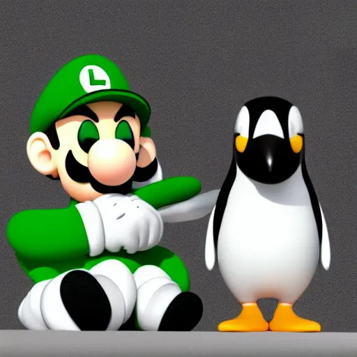 Prompt: luigi sitting next to penguin tux in front of a computer, cute digital art, 4 k