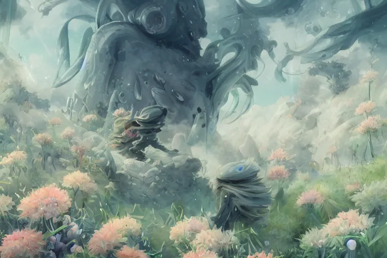 Prompt: dynamic composition, motion, ultra - detailed, incredibly detailed, a lot of details, amazing fine details and brush strokes, colorful and grayish palette, smooth, hd semirealistic anime cg concept art digital painting, watercolor oil painting of sea of flowers, no face, in style of cytus and deemo, blue flame, relaxing, calm and mysterious vibes