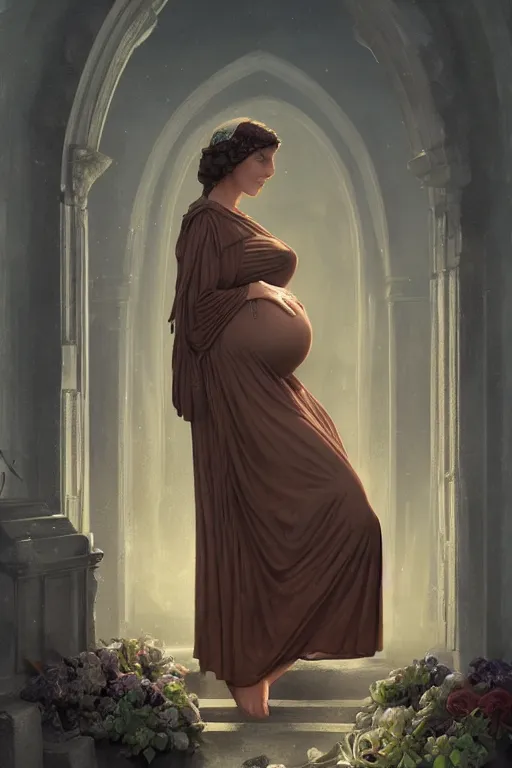 Image similar to portrait of a pregnant widow next to the grave, illustration, dramatic lighting, soft details, painting oil on canvas, art deco, octane render, HDR, 4k, 8k, HD, by Edmund Blair Leighton, Brom, Charlie Bowater, trending on artstation, faces by Tom Bagshaw, Sargent