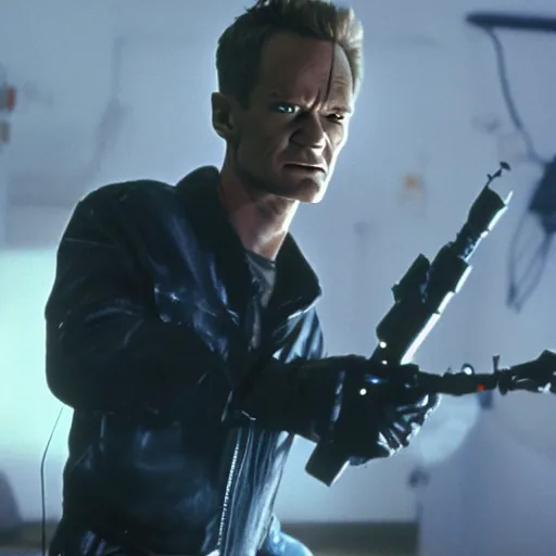 Prompt: neil patrick harris as the terminator, 4 k hd film still, terminator, red eye, cyborg