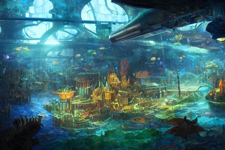 Prompt: an epic landscape view of an underwater metropolis, with a tiny submersible with a shining headlight exploring, with glowing windows, glass, seaweed, colorful fish, painted by tyler edlin, close - up, low angle, wide angle, atmospheric, volumetric lighting, cinematic, very realistic, highly detailed digital art