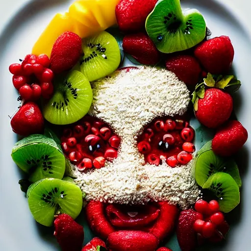 Prompt: beautiful photo a face made of fruit pieces, on a white plate, dslr