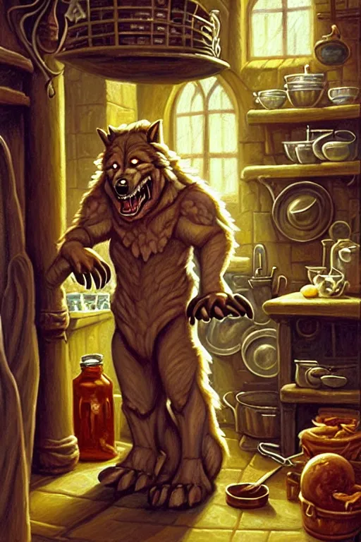 Prompt: classic oil painting, an adorable werewolf that is dressed as a medieval chef, as a dnd character, inside a cluttered kitchen, cottagecore, highly detailed, digital illustration, concept art, smooth, sharp focus, art by tim hildebrandt, and greg hildebrandt, neutral tones