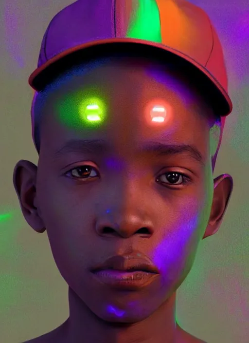 Prompt: colourful vfx portrait - art of an african boy wearing a baseball cap with wires and computer chips dangling from its inside, art by hsiao - ron cheng, volumetric light, dramatic lighting, ray tracing, digital painting, digital illustration, unreal engine render, sharp, intricate detail, behance, artstation, pinterest,
