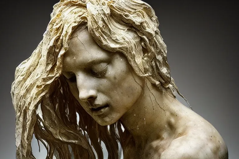 Image similar to a sculpture of a person with flowing golden tears, a marble sculpture by nicola samori, behance, neo - expressionism, marble sculpture, apocalypse art, made of mist