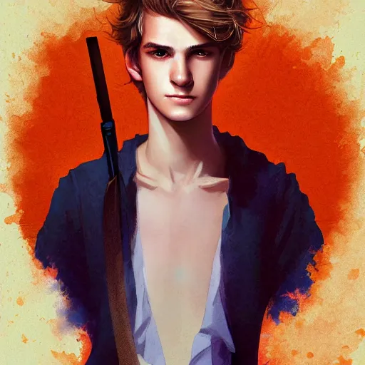 Image similar to colorful Captivating teenage boy with brown blond hair and facial structure like andrew garfield, brown eyes with red eye markers, slim body, wearing a detailed Japanese kimono with golden details, atmospheric lighting, painted, intricate, 4k, highly detailed by Charlie Bowater