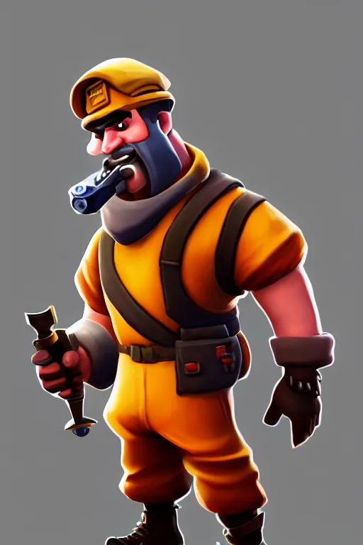 Prompt: beautiful highly detailed realistic stylized portrait of a small wacky guy with a sword, team fortress 2, fortnite, torchlight, heartstone, detailed character art, portrait, trending on artstation