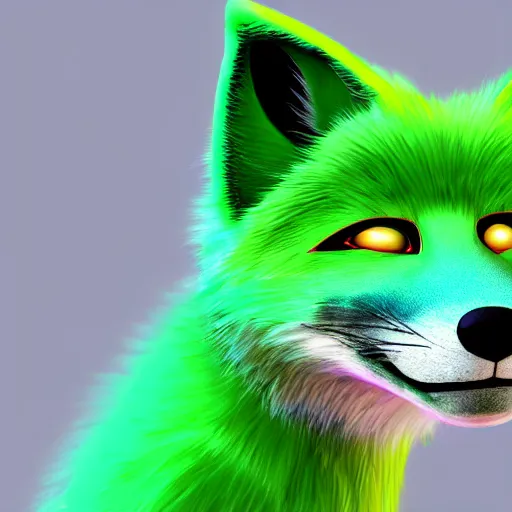 Image similar to photorealistic green fox with green fur and glowing magenta eyes, wearing a black hoodie