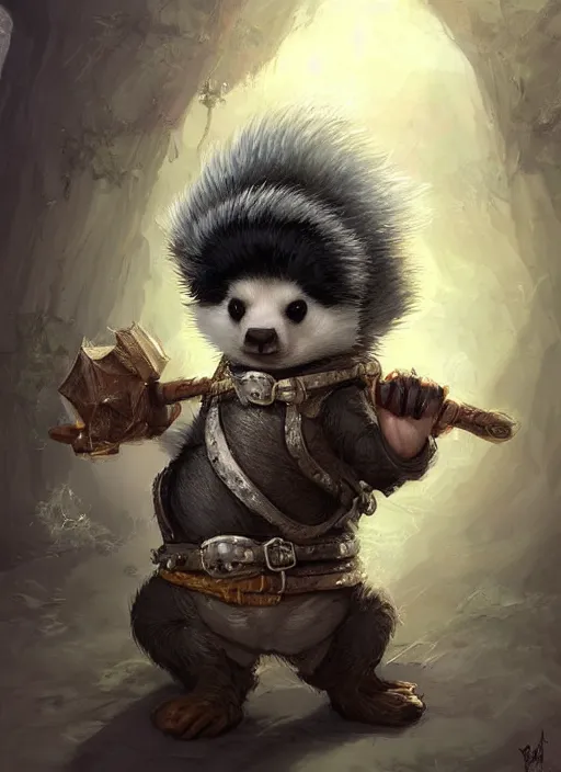 Image similar to cute little anthropomorphic skunk sealer wearing hood of the woodchuckfolk, tiny, small, miniature animal, baby animal, short, pale black armor, cute and adorable, pretty, beautiful, DnD character art portrait, matte fantasy painting, DeviantArt Artstation, by Jason Felix by Steve Argyle by Tyler Jacobson by Peter Mohrbacher, cinematic lighting