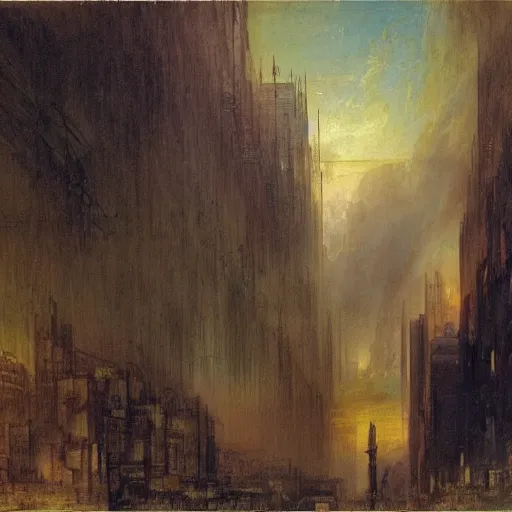 Image similar to cyberpunk city landscape with hooded figure painted by William Turner 1860