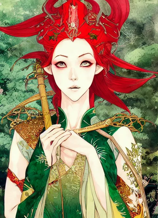 Image similar to beautiful elven queen in red green gold dress, detailed portrait, wearing kimono armor, sword, by conrad roset, takato yomamoto, jesper ejsing, beautiful