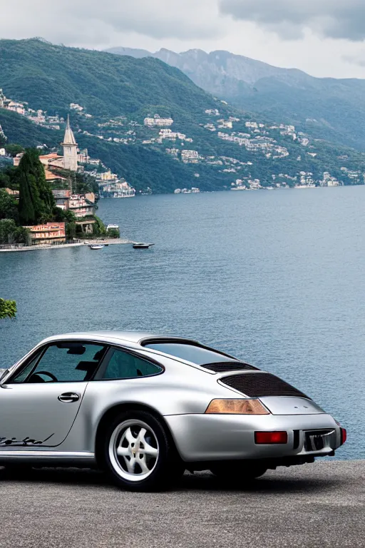 Image similar to Photo of a silver Porsche 911 Carrera 3.2 parked on a dock with Lake Como in the background, wide shot, rear view, daylight, dramatic lighting, award winning, highly detailed, 1980s, luxury lifestyle, fine art print, best selling.