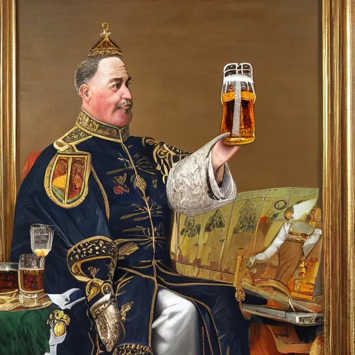 Image similar to A detailed oil painting of a majestic emperor toasting with a large beer mug made of crystal engraved with a large coat of arms by John Parrot and Robert Lefevre