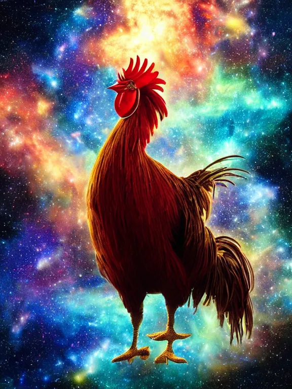 Image similar to a lone giant rooster, centered, floating in space, center of the universe, \ galaxy cosmic nebula, epic, volumetric light, hyperrealistic, glitter, mega detailed, beautiful composition, beautiful lighting, unreal render, 4 k, vincent di fate, john berkey, michael whelan