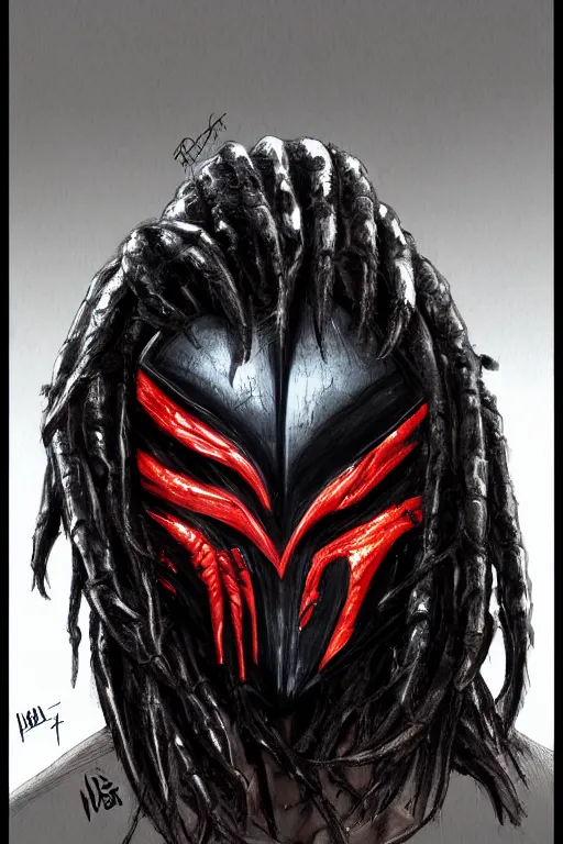 Image similar to predator 1 9 8 7 masked face redesign, portrait, highly detailed, black smooth dreads, mandables, digital painting, trending on artstation, concept art, illustration