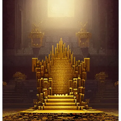 Image similar to painting of creeper from minecraft sitting atop golden throne in dark throne room, low lighting, cinematic, by greg rutkowski, very detailed, high quality, award winning