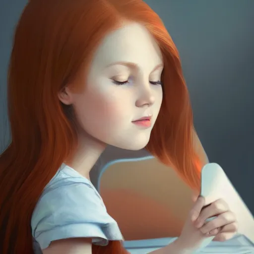 Prompt: cute young redhead girl sitting at her desk in bedroom, soft round face, digital painting, wlop, ultra realistic, perfect lighting, high contrast, bokeh, hasselblad, detailed, trending on artstation