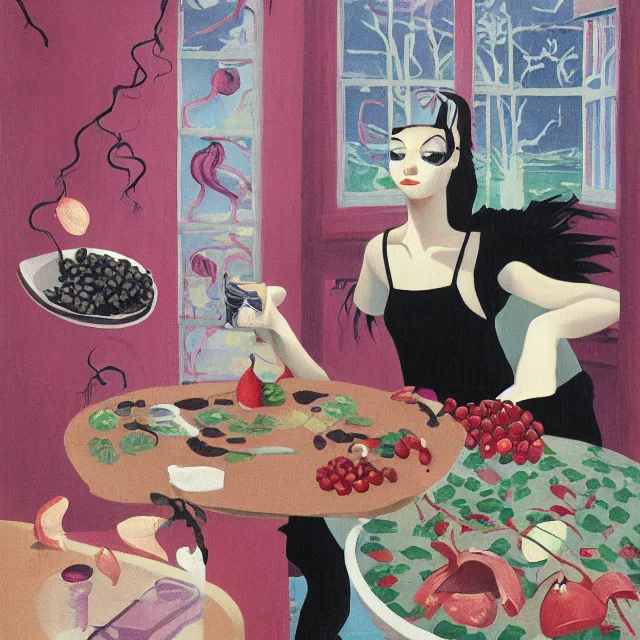 Image similar to tall female catgirl artist holding berry pancakes in her flooded apartment, pomegranates, octopus, water gushing from ceiling, painting of flood waters inside an artist's apartment, a river flooding indoors, mushrooms, ikebana, zen, rapids, waterfall, black swans, canoe, berries, acrylic on canvas, surrealist, by magritte and monet