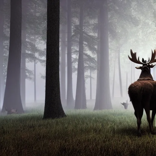 Image similar to shrek riding a moose in a dark forest, smoky, foggy, 8k, octane render,