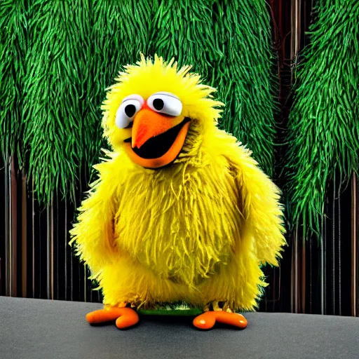 Prompt: hyperrealistic photo of sesame street's big bird if they were a real life penguin. anatomically correct bird. intricate, highly detailed eyes extremely detailed picture, jungle canopy in the background, light and rain trickling through