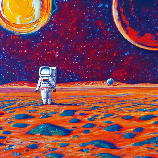 Prompt: astronaut laying on mars, hand painted, acrylic, psychedelic, dmt, abstract,