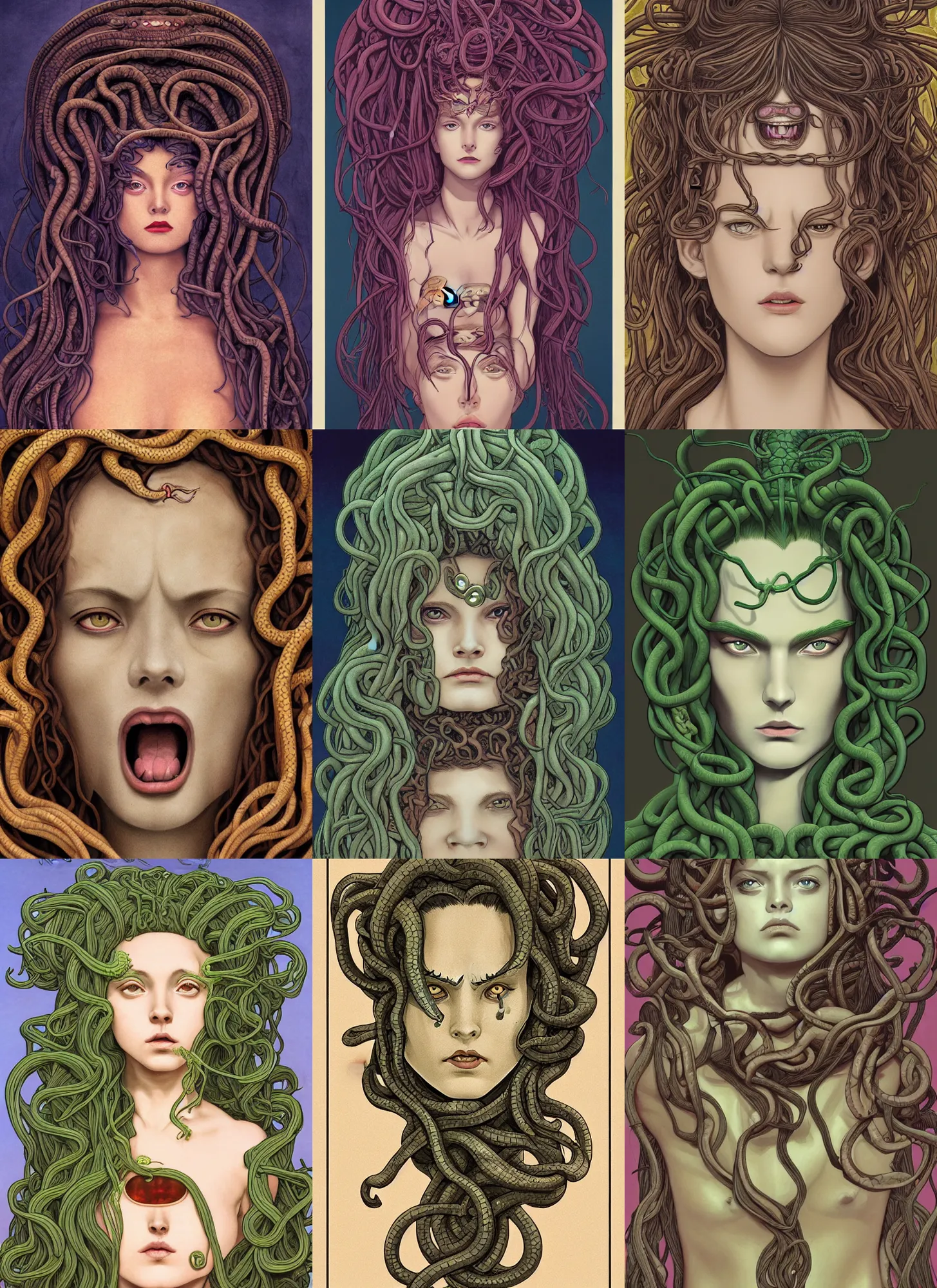 Prompt: medusa portrait, screaming straight at viewer, snake hair, beautiful female gorgon, symmetrical face, beautiful eyes, fine art, art nouveau masterpiece, museum quality work, art style of John Collier, Moebius, Studio Ghibli, cinematic, widescreen, 4K