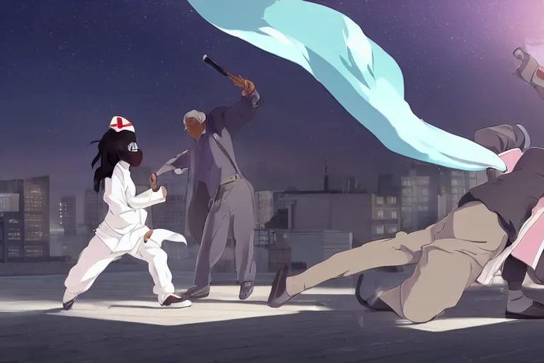 Image similar to a cute young black female ninja nurse wearing a diamond white coat is attacking an old man on a harlem rooftop, lighting, anime scenery by Makoto shinkai