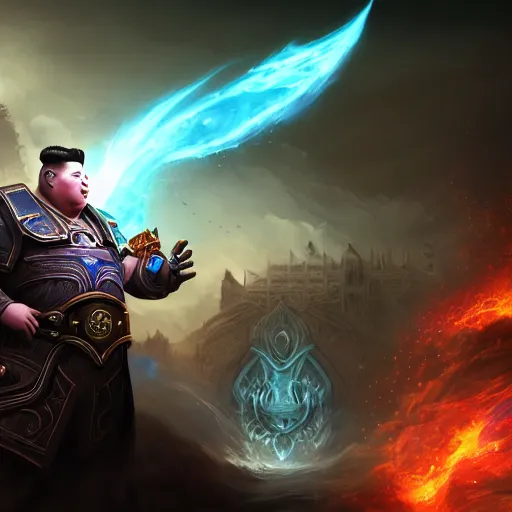 Image similar to portrait of kim - jong un as a spellcaster, league of legends amazing splashscreen artwork, gears of war, splash art, natural light, elegant, photorealistic facial features, intricate, fantasy, detailed face, atmospheric lighting, anamorphic lens flare, cinematic lighting, league of legends splash art, hd wallpaper, ultra high details by greg rutkowski