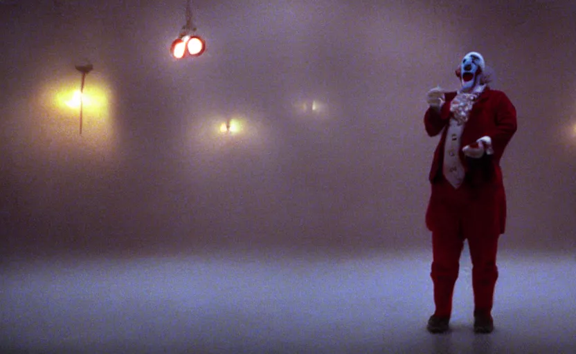 Image similar to cinematic shot of a happy juggling clown, moody scene from being john malcovich directed by charlie kaufman ( 2 0 0 1 ), foggy volumetric light morning, anamorphic lenses, kodak color film stock