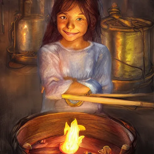 Image similar to the blacksmits’ daughter, working in the forge, a smile at her face, fantasy art in the style of Lilia Alvarado,