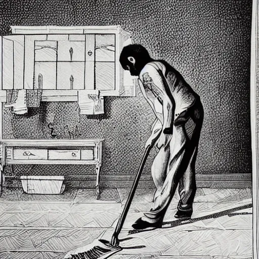 Prompt: man mopping the floor, very beautiful ink illustration, masterpiece, intricate detail, ornate , elaborate