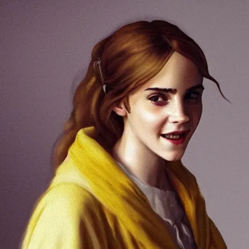 Image similar to Painting of Emma Watson as Hermione Granger. Smiling. Happy. Cheerful. Art by Vermeer. Extreme close up. Extremely detailed. Beautiful. 4K. Award winning.