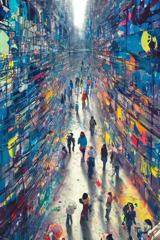 Prompt: people in a busy city people surrounded by 3d graffiti paint dripping down to the floor, hiroshi yoshida, painterly, yoshitaka Amano, artgerm, moebius, loish, painterly, and james jean, illustration, sunset lighting