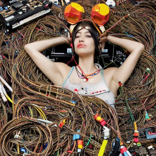 Image similar to piles of modular synth cables mixed with mangrove roots and old video game consoles, kawaii puerto rican goddess chilling out wearing a headpiece made of circuit boards, by cameron gray, wlop, stanley kubrick, masamune, hideki anno, jamie hewlett, unique perspective, trending on artstation, 3 d render, vivid